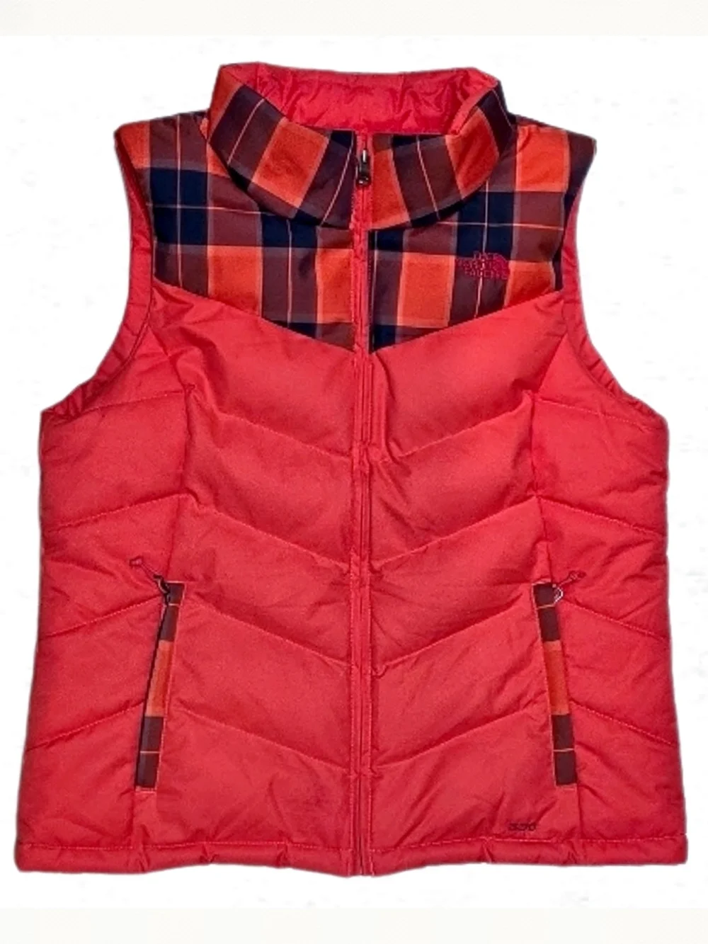 North Face Retro Plaid Vest Large Coral Red Orange Blue Down Puffer Womens Large